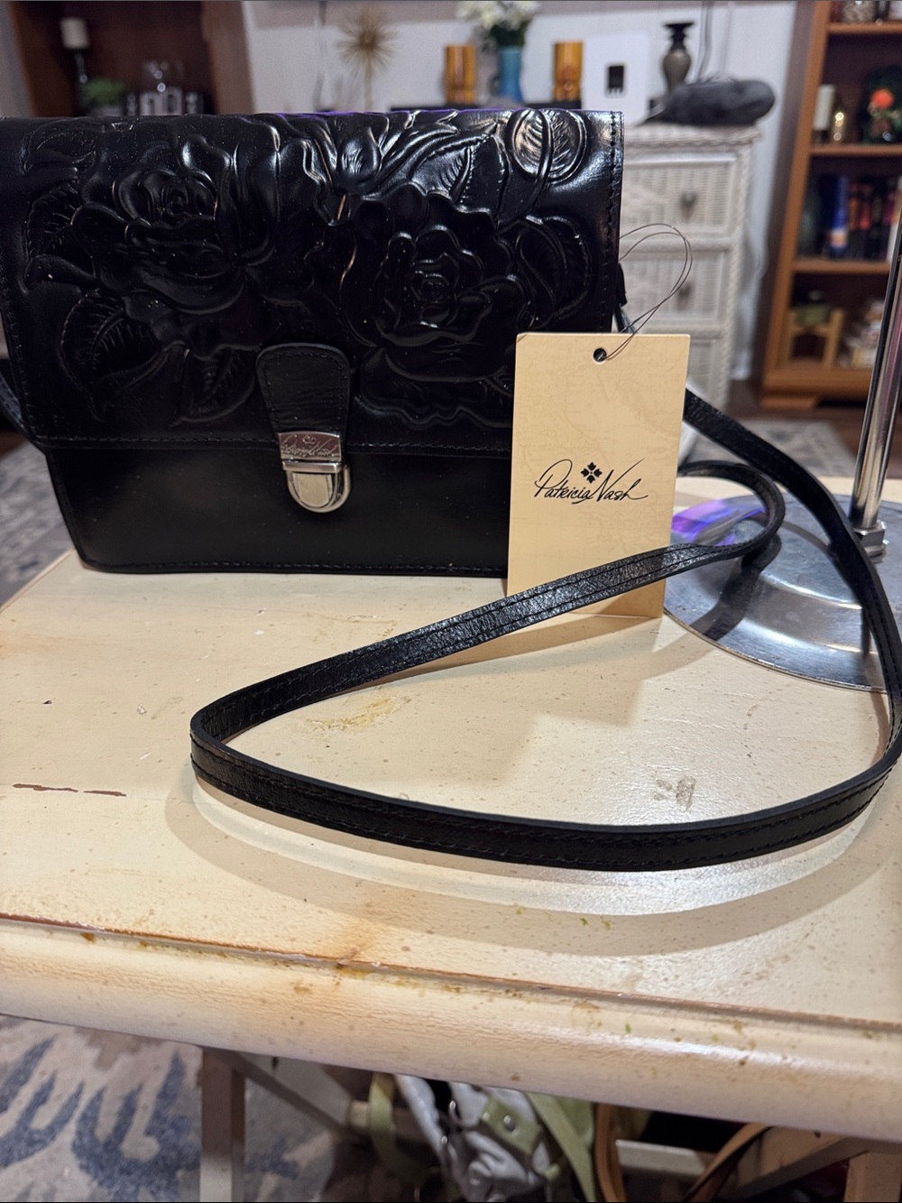Patricia Nash Black Embossed Floral Leather Crossbody with Silver Clasp